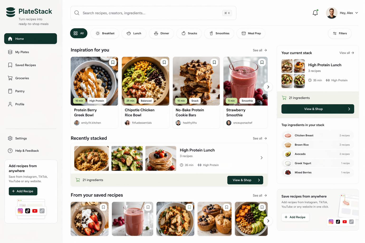 PlateStack home dashboard showing recipe inspiration, recently stacked meals and the current shopping stack