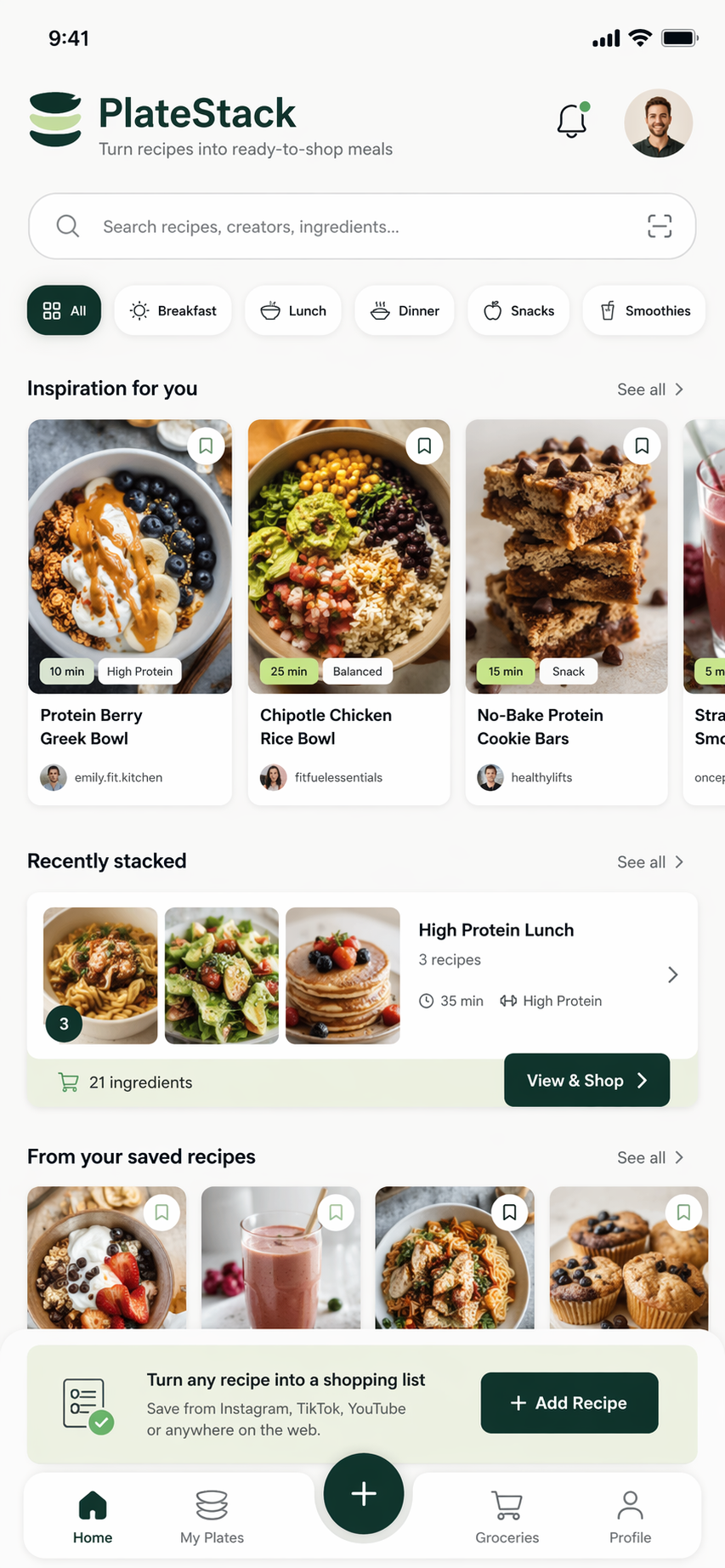 PlateStack mobile home screen with recipe cards and a recently stacked meal plan